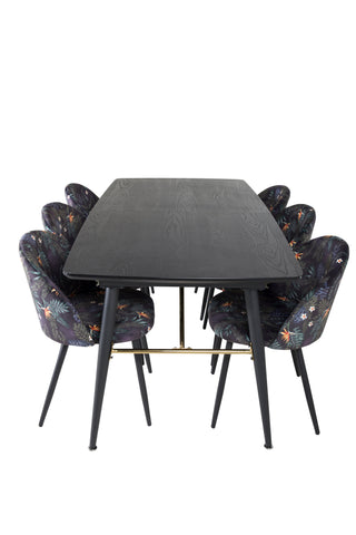 Venture Home Guld Förlängningsbord - 180/220*85*H76 Svart Faner - Svarta ben - Mässingsdetaljer+matsalsstol i sammet - Svart Blomma tyg_6