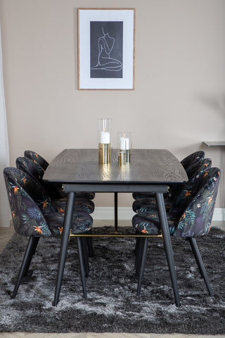 Venture Home Guld Förlängningsbord - 180/220*85*H76 Svart Faner - Svarta ben - Mässingsdetaljer+matsalsstol i sammet - Svart Blomma tyg_6
