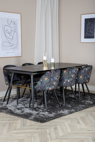 Venture Home Guld Förlängningsbord - 180/220*85*H76 Svart Faner - Svarta ben - Mässingsdetaljer+matsalsstol i sammet - Svart Blomma tyg_6