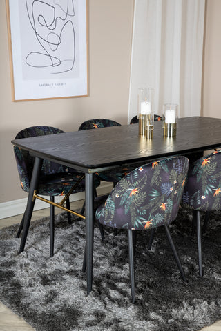 Venture Home Guld Förlängningsbord - 180/220*85*H76 Svart Faner - Svarta ben - Mässingsdetaljer+matsalsstol i sammet - Svart Blomma tyg_6