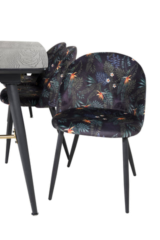 Venture Home Guld Förlängningsbord - 180/220*85*H76 Svart Faner - Svarta ben - Mässingsdetaljer+matsalsstol i sammet - Svart Blomma tyg_6