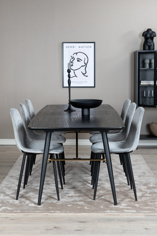 Venture Home Guld Förlängningsbord - 180/220*85*H76 Svart Faner - Svarta ben - Mässingsdetaljer+Polar Diamond Matstol - Svarta Ben - Grå sammet_6