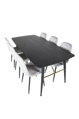 Venture Home Guld Förlängningsbord - 180/220*85*H76 Svart Faner - Svarta ben - Mässingsdetaljer+Polar Diamond Matstol - Svarta Ben - Grå sammet_6