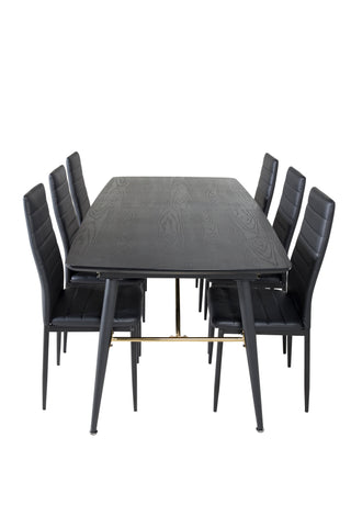 Venture Home Guld Förlängningsbord - 180/220*85*H76 Svart Faner - Svarta ben - Mässingsdetaljer+Smal matstol med hög rygg - Svarta ben - Svart PU_6