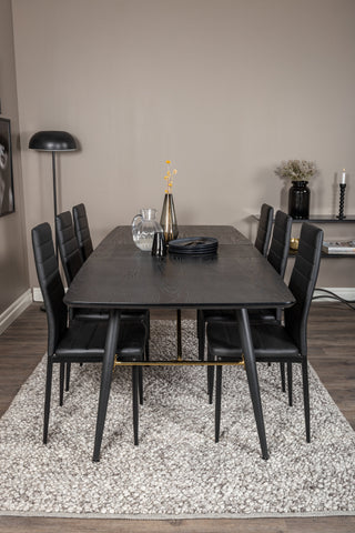 Venture Home Guld Förlängningsbord - 180/220*85*H76 Svart Faner - Svarta ben - Mässingsdetaljer+Smal matstol med hög rygg - Svarta ben - Svart PU_6