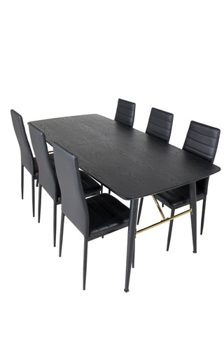 Venture Home Guld Förlängningsbord - 180/220*85*H76 Svart Faner - Svarta ben - Mässingsdetaljer+Smal matstol med hög rygg - Svarta ben - Svart PU_6
