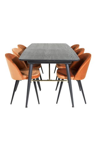 Venture Home Guld Förlängningsbord - 180/220*85*H76 Svart Faner - Svarta ben - Mässingsdetaljer+matsalsstol i sammet - Orange / Svart_6