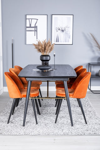 Venture Home Guld Förlängningsbord - 180/220*85*H76 Svart Faner - Svarta ben - Mässingsdetaljer+matsalsstol i sammet - Orange / Svart_6