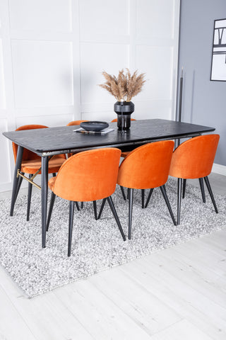 Venture Home Guld Förlängningsbord - 180/220*85*H76 Svart Faner - Svarta ben - Mässingsdetaljer+matsalsstol i sammet - Orange / Svart_6