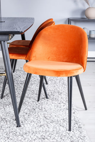 Venture Home Guld Förlängningsbord - 180/220*85*H76 Svart Faner - Svarta ben - Mässingsdetaljer+matsalsstol i sammet - Orange / Svart_6