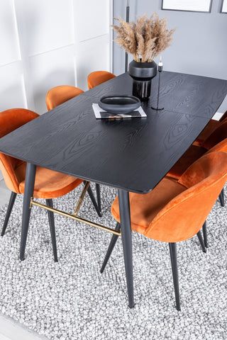 Venture Home Guld Förlängningsbord - 180/220*85*H76 Svart Faner - Svarta ben - Mässingsdetaljer+matsalsstol i sammet - Orange / Svart_6