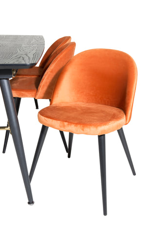 Venture Home Guld Förlängningsbord - 180/220*85*H76 Svart Faner - Svarta ben - Mässingsdetaljer+matsalsstol i sammet - Orange / Svart_6