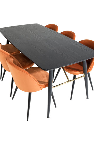 Venture Home Guld Förlängningsbord - 180/220*85*H76 Svart Faner - Svarta ben - Mässingsdetaljer+matsalsstol i sammet - Orange / Svart_6