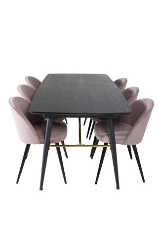 Venture Home Guld Förlängningsbord - 180/220*85*H76 Svart Faner - Svarta ben - Mässingsdetaljer+Matsalsstol i sammet Manchester - Rosa / Svart_6