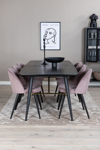Venture Home Guld Förlängningsbord - 180/220*85*H76 Svart Faner - Svarta ben - Mässingsdetaljer+Matsalsstol i sammet Manchester - Rosa / Svart_6