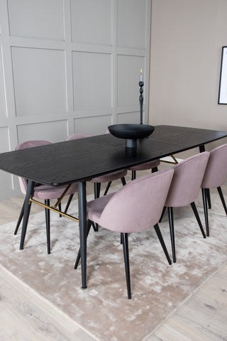 Venture Home Guld Förlängningsbord - 180/220*85*H76 Svart Faner - Svarta ben - Mässingsdetaljer+Matsalsstol i sammet Manchester - Rosa / Svart_6