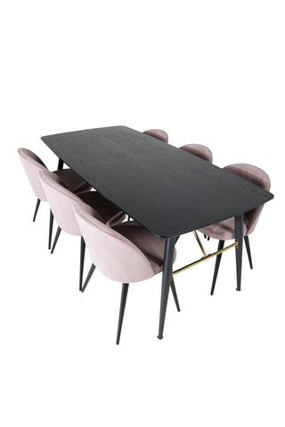 Venture Home Guld Förlängningsbord - 180/220*85*H76 Svart Faner - Svarta ben - Mässingsdetaljer+Matsalsstol i sammet Manchester - Rosa / Svart_6