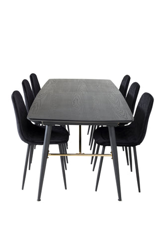 Venture Home Guld förlängningsbord - 180/220*85*H76 svart faner - Svarta ben - Mässingsdetaljer+Polar Diamond Matstol - Svarta ben - Svart sammet_6