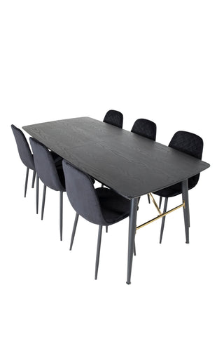 Venture Home Guld förlängningsbord - 180/220*85*H76 svart faner - Svarta ben - Mässingsdetaljer+Polar Diamond Matstol - Svarta ben - Svart sammet_6