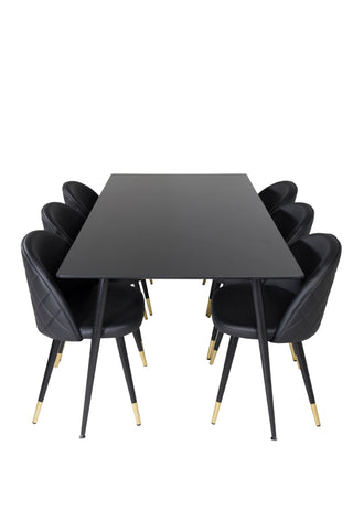 Venture Home Silar Matbord - 180 cm - Svart Melamin / Svarta Ben+ Matstol i sammet m. Stygn - PU - Svart / Svart_6