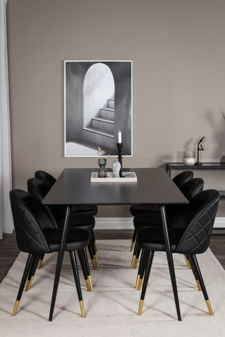 Venture Home Silar Matbord - 180 cm - Svart Melamin / Svarta Ben+ Matstol i sammet m. Stygn - PU - Svart / Svart_6