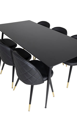 Venture Home Silar Matbord - 180 cm - Svart Melamin / Svarta Ben+ Matstol i sammet m. Stygn - PU - Svart / Svart_6