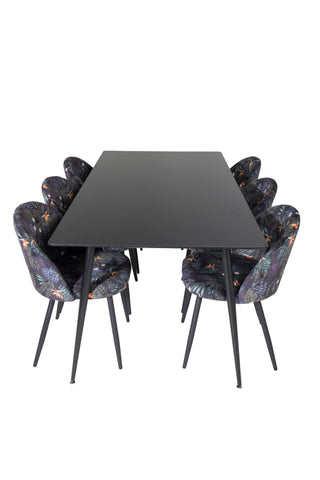 Venture Home Silar Matbord - 180 cm - Svart Melamin / Svarta Ben + Matstol i sammet - Svart Blomma tyg_6