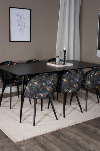 Venture Home Silar Matbord - 180 cm - Svart Melamin / Svarta Ben + Matstol i sammet - Svart Blomma tyg_6