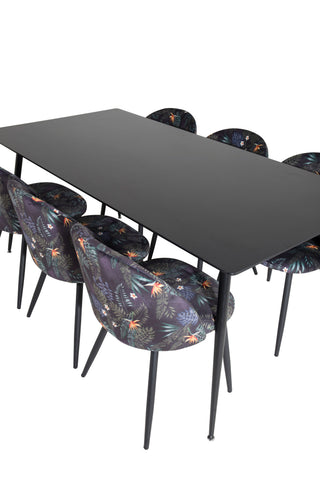 Venture Home Silar Matbord - 180 cm - Svart Melamin / Svarta Ben + Matstol i sammet - Svart Blomma tyg_6