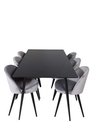 Venture Home Silar Matbord - 180 cm - Svart Melamin / Svarta Ben + Matstol i sammet - Ljusgrå / Svart_6
