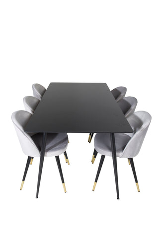 Venture Home Silar Matbord - 180 cm - Svart Melamin / Svarta Ben + Matstol i sammet Mässing - Ljusgrå / Svart_6