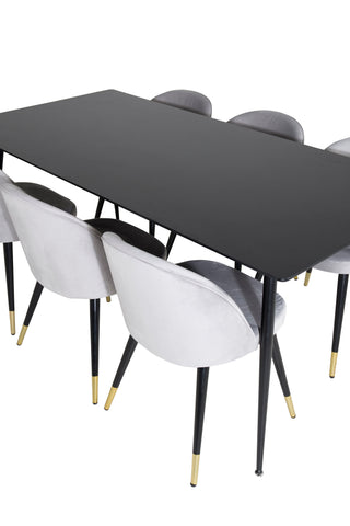 Venture Home Silar Matbord - 180 cm - Svart Melamin / Svarta Ben + Matstol i sammet Mässing - Ljusgrå / Svart_6