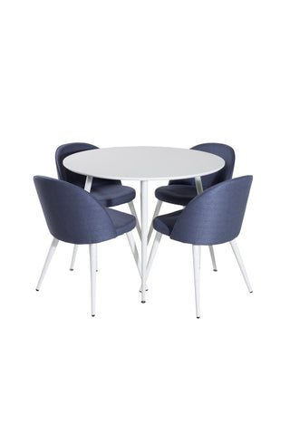 Plaza Runt Bord 100 cm - Vit skiva / Vita Ben+Velvet Dining Chiar - Vita ben - Blå Tyg_4