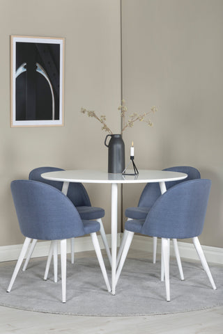 Plaza Runt Bord 100 cm - Vit skiva / Vita Ben+Velvet Dining Chiar - Vita ben - Blå Tyg_4