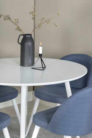 Plaza Runt Bord 100 cm - Vit skiva / Vita Ben+Velvet Dining Chiar - Vita ben - Blå Tyg_4