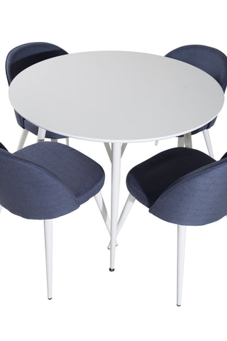 Plaza Runt Bord 100 cm - Vit skiva / Vita Ben+Velvet Dining Chiar - Vita ben - Blå Tyg_4
