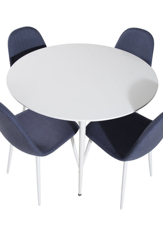 Plaza runt bord 100 cm - Vit skiva / Vita ben+Polar matstol - Vita ben - Blå tyg_4