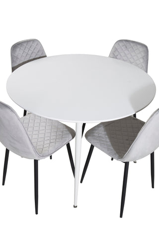 Plaza runt bord 100 cm - Vit skiva / Vita ben+Polar Diamond Matstol - Svarta ben - Grå sammet_4