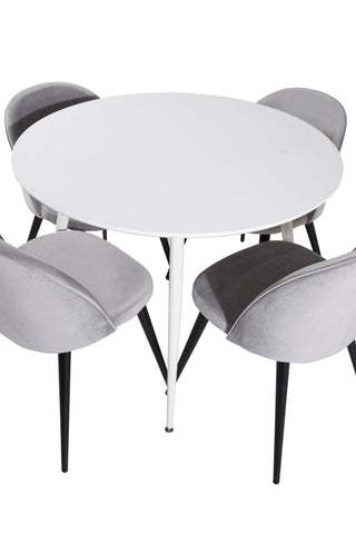 Plaza runt bord 100 cm - Vit skiva / Vita ben+matplatsstol i sammet - Ljusgrå / Svart_4