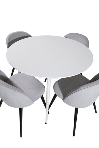 Plaza Runt Bord 100 cm - Vit skiva / Vita ben+Matsalsstol i sammet - Ljusgrå / Svart_4