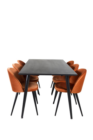 Venture Home Dipp Matbord - 180*90cm - Svart faner / helt svarta ben + Matstol i sammet - Orange / Svart_6