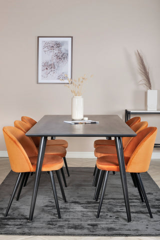 Venture Home Dipp Matbord - 180*90cm - Svart faner / helt svarta ben + Matstol i sammet - Orange / Svart_6