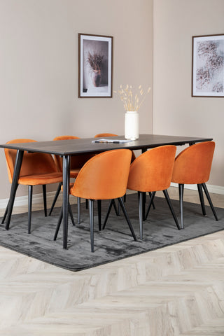 Venture Home Dipp Matbord - 180*90cm - Svart faner / helt svarta ben + Matstol i sammet - Orange / Svart_6