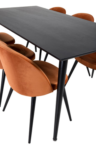 Venture Home Dipp Matbord - 180*90cm - Svart faner / helt svarta ben + Matstol i sammet - Orange / Svart_6