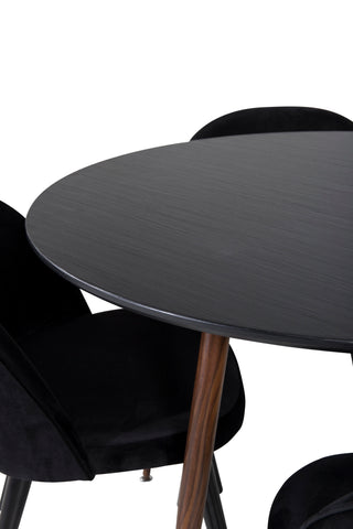 Plaza Runt Bord 100 cm - Svart Skiva - Ben i valnöt+matstol i sammet - Svart / Svart_4