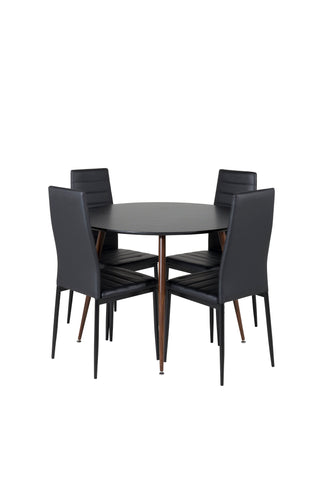 Plaza Runt Bord 100 cm - Svart Skiva - Valnötsben+Slim High Back Matstol - Svarta Ben - Svart PU_4
