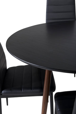 Plaza Runt Bord 100 cm - Svart Skiva - Valnötsben+Slim High Back Matstol - Svarta Ben - Svart PU_4