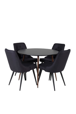 Plaza Runt Bord 100 cm - Svart Skiva - Valnötsben+Velvet Deluxe Matstol - Svarta Ben - Svart Tyg_4