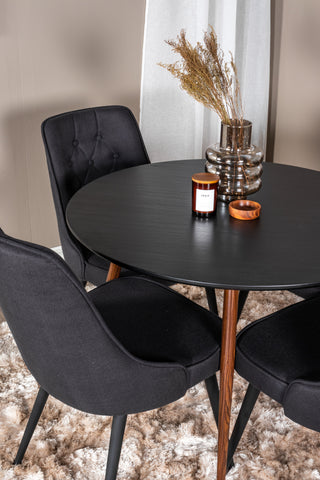 Plaza Runt Bord 100 cm - Svart Skiva - Valnötsben+Velvet Deluxe Matstol - Svarta Ben - Svart Tyg_4