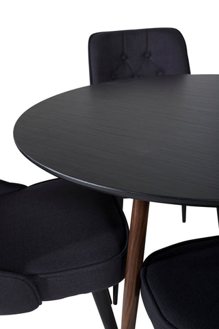 Plaza Runt Bord 100 cm - Svart Skiva - Valnötsben+Velvet Deluxe Matstol - Svarta Ben - Svart Tyg_4